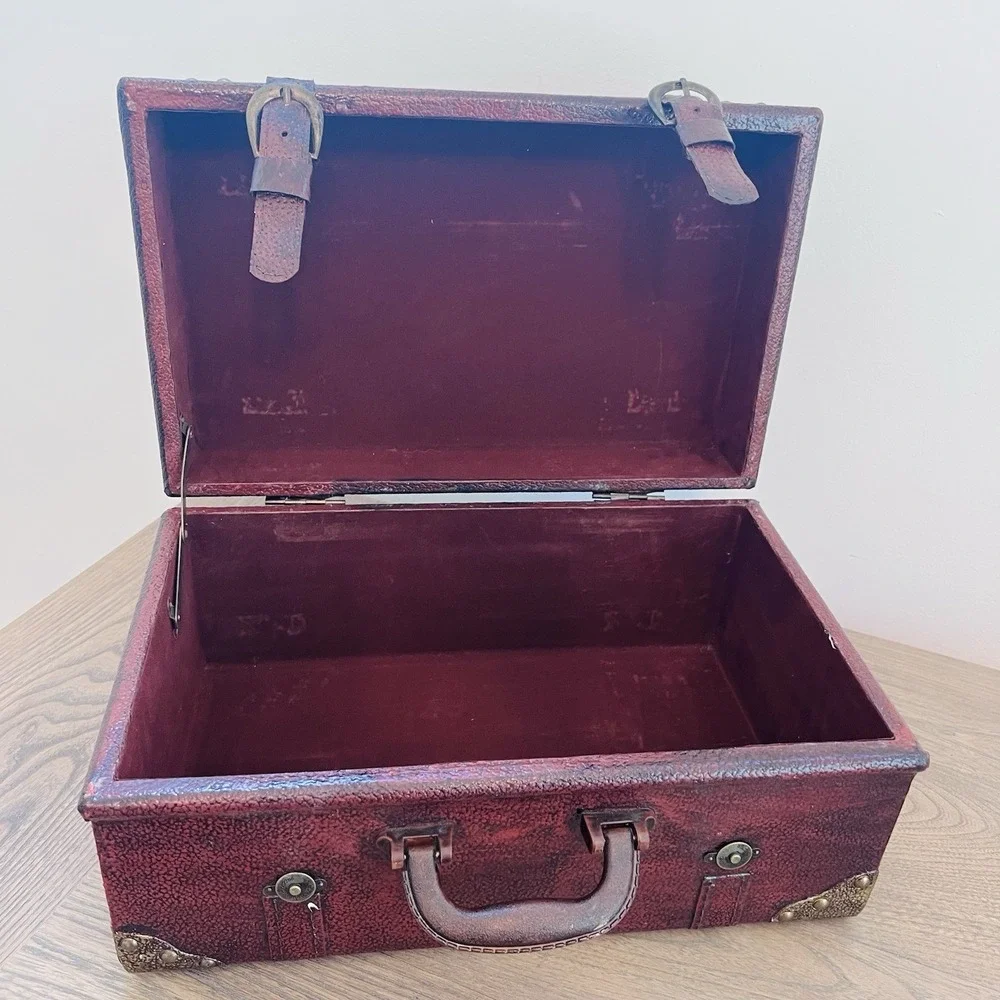 Vintage 90s Burgundy Faux Leather Decorative Trunk Storage Chest Brass Accents